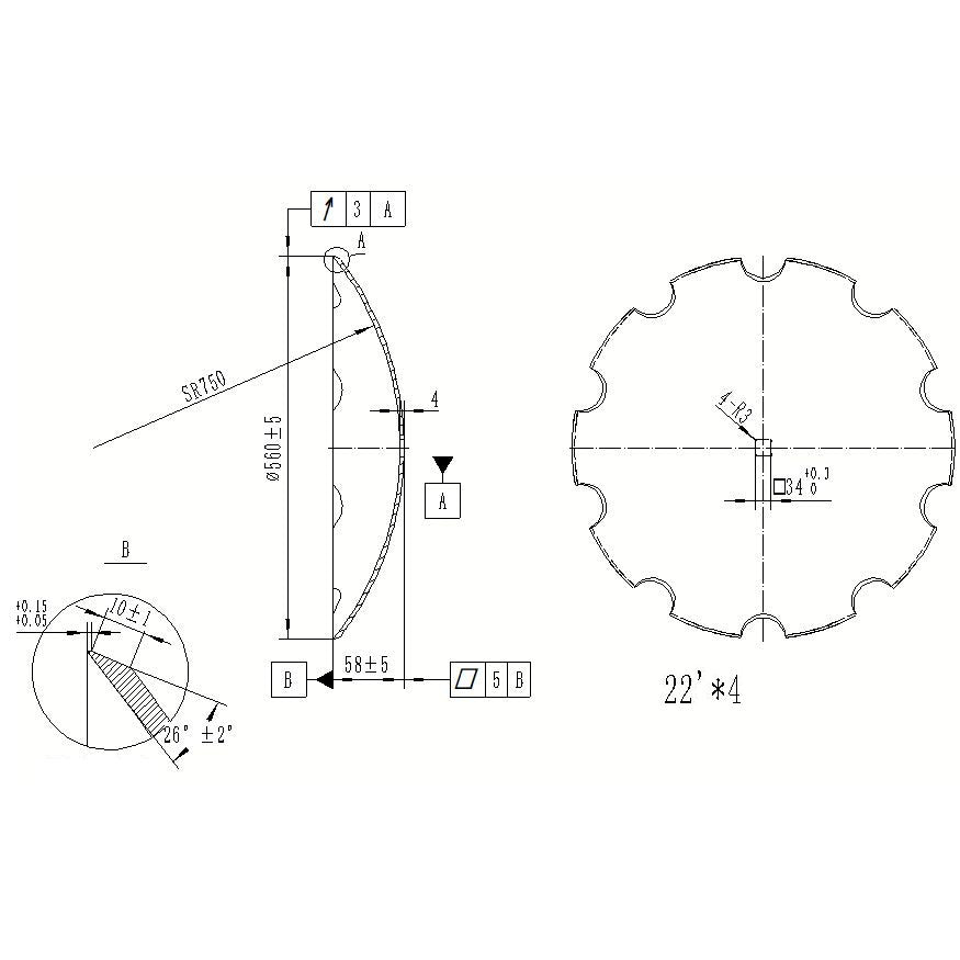 R Disco de rastra dentada 22 pulgadas x 4mm eje cuadrado 33.5m r26